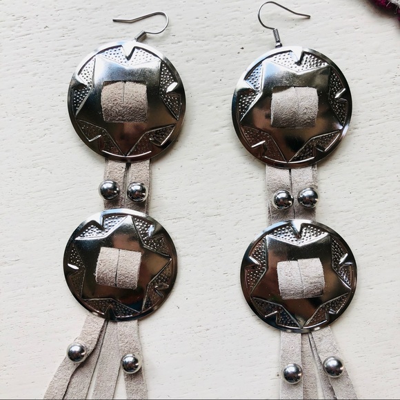 Handcrafted Off White Large Genuine Leather Western Silver Concho Earrings - Picture 6 of 10